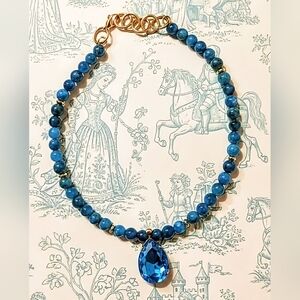 Natural Bright Blue Apatite Beads Necklace With Large Swarovski Blue Crystal
